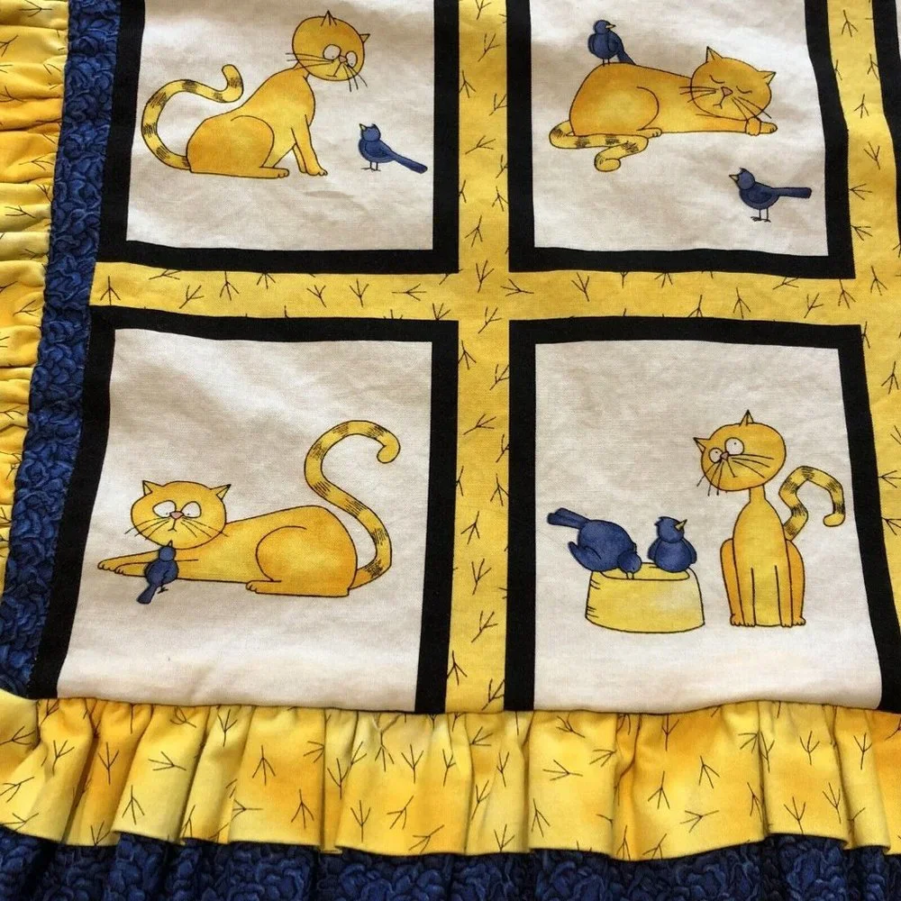 Handmade Square Ruffled Cute Cat And Bird Handmade Pillowcase Cover Zip Closure